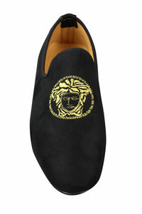 Fiorello HD0112-04 - Mocasines negros icónicos Medusa para hombre, estilo mocasín, de gamuza sintética italiana.
