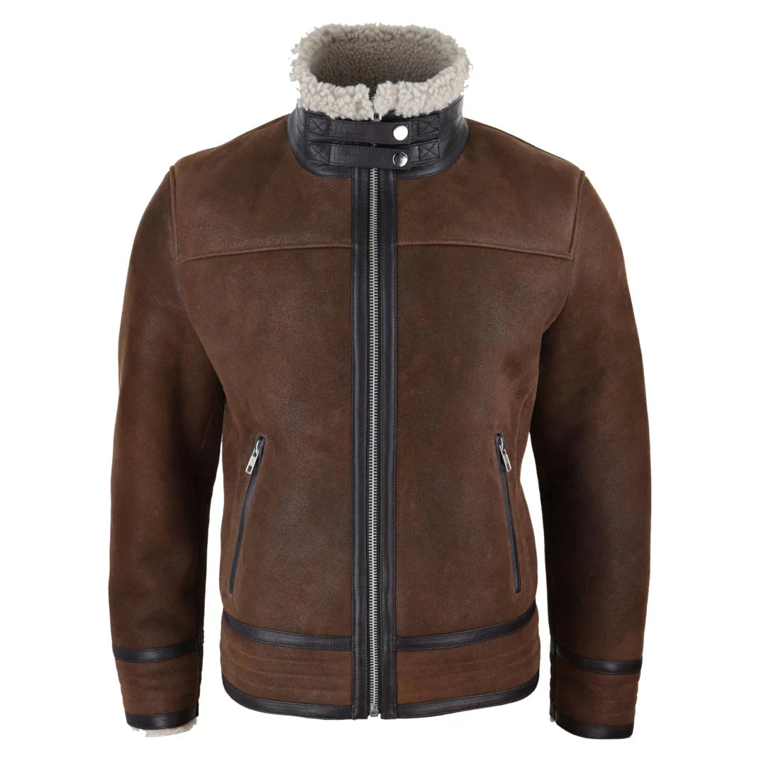 Chaqueta de aviador de piel de oveja Sherling para hombre con cremallera, estilo Segunda Guerra Mundial.