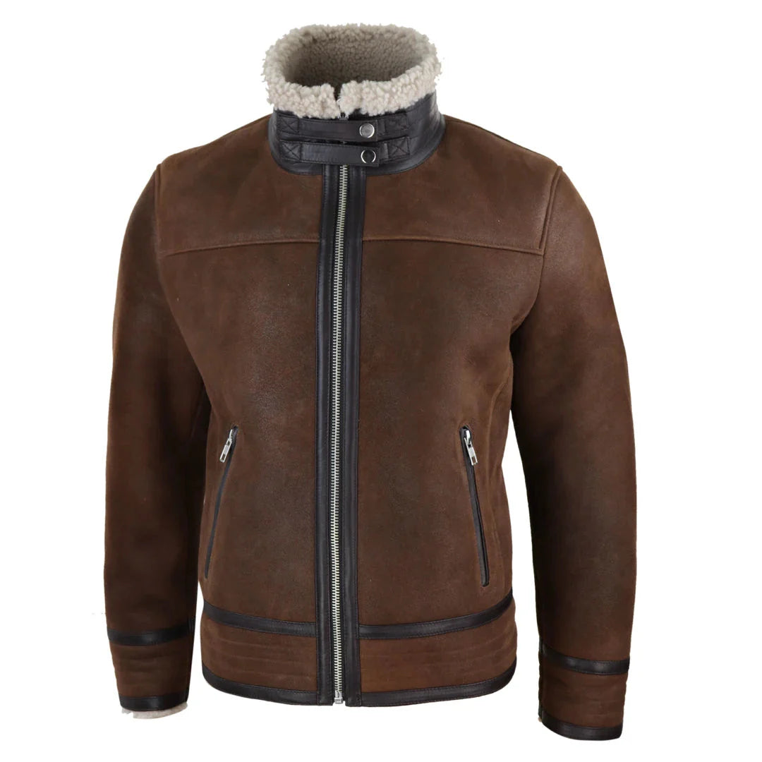 Chaqueta de aviador de piel de oveja Sherling para hombre con cremallera, estilo Segunda Guerra Mundial.