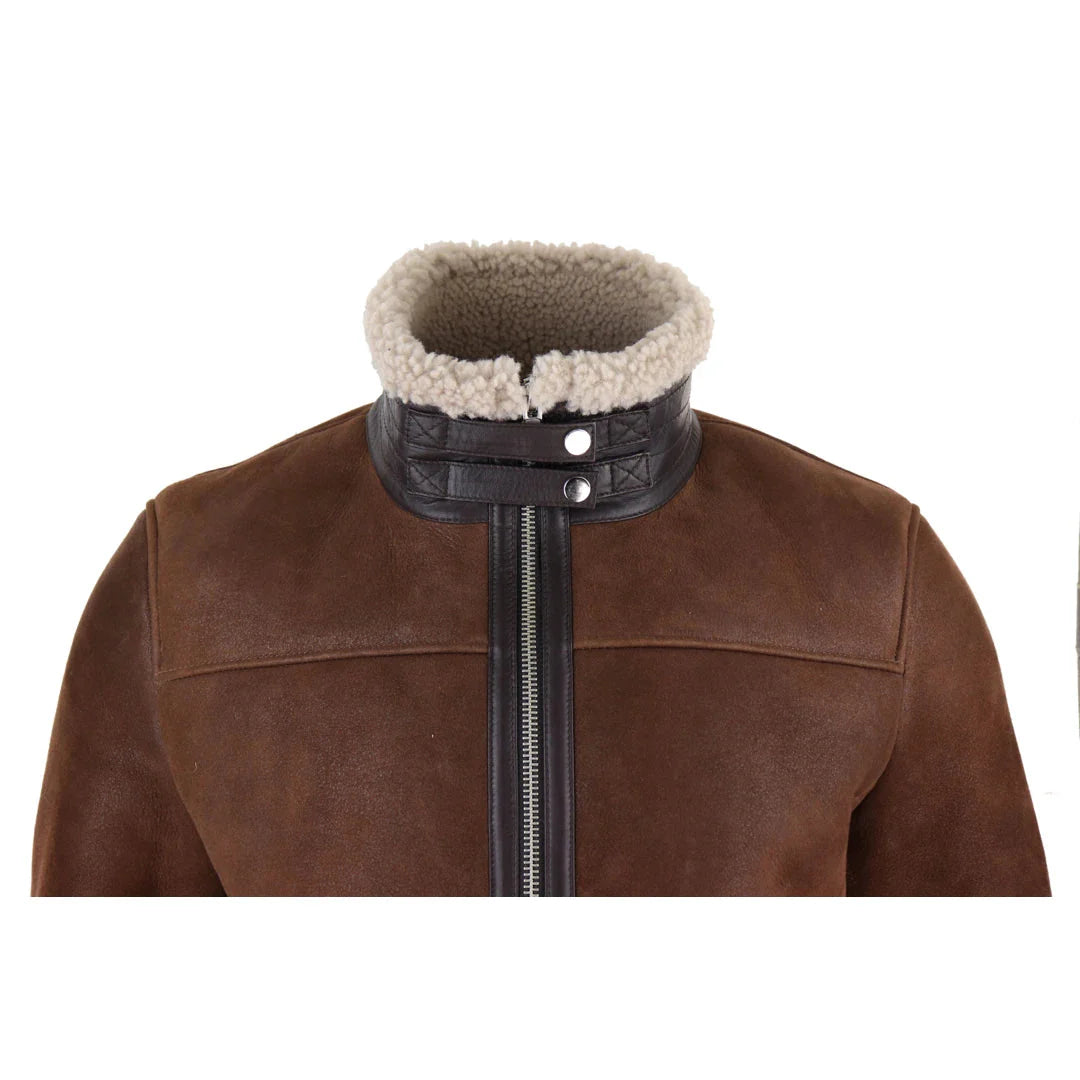 Chaqueta de aviador de piel de oveja Sherling para hombre con cremallera, estilo Segunda Guerra Mundial.