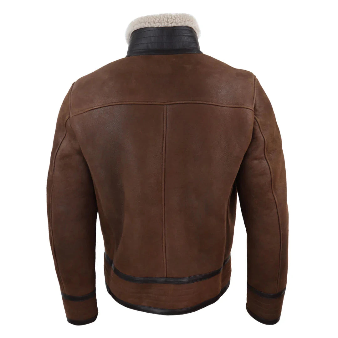 Chaqueta de aviador de piel de oveja Sherling para hombre con cremallera, estilo Segunda Guerra Mundial.