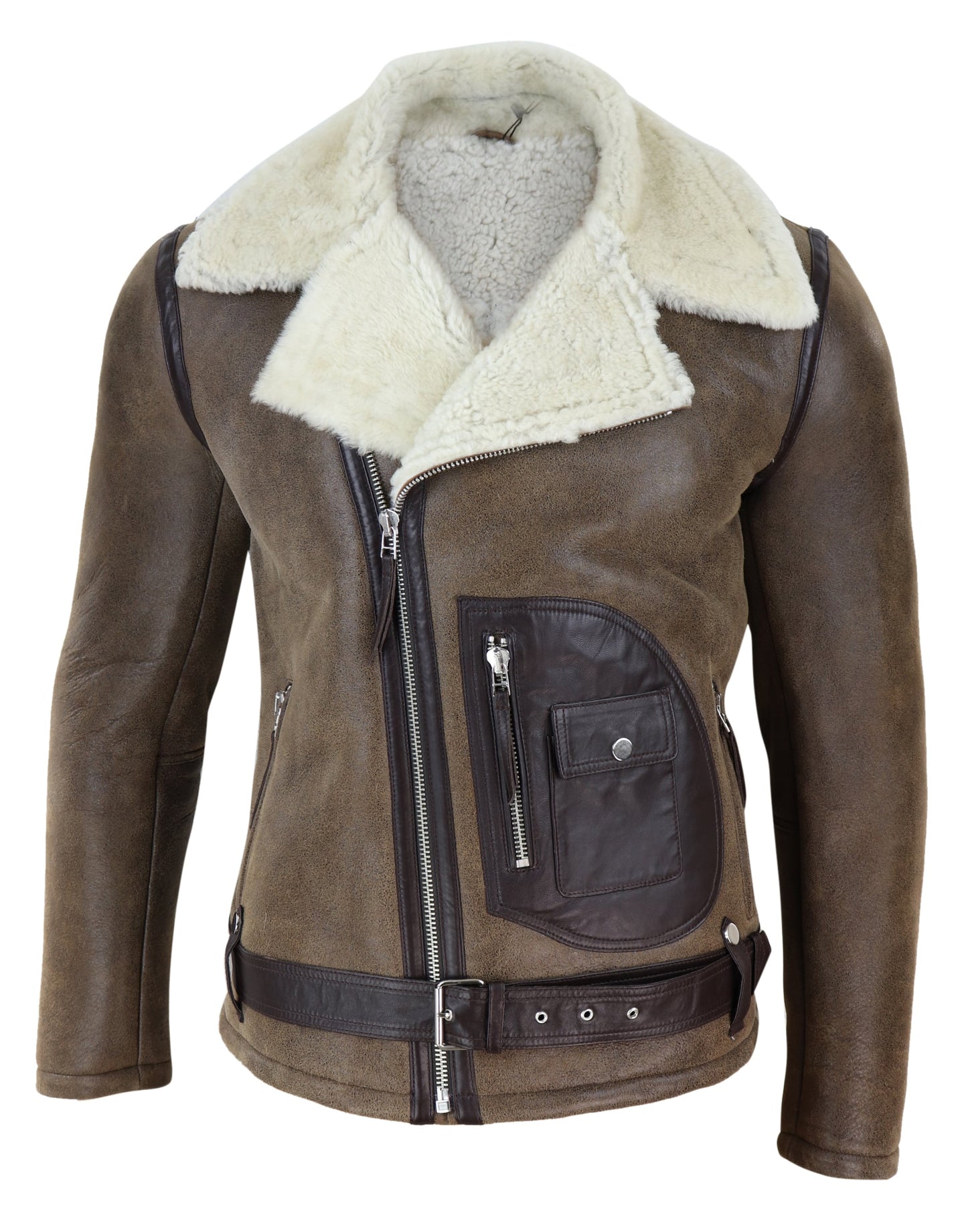 Chaqueta vintage de piel de oveja marrón para hombre