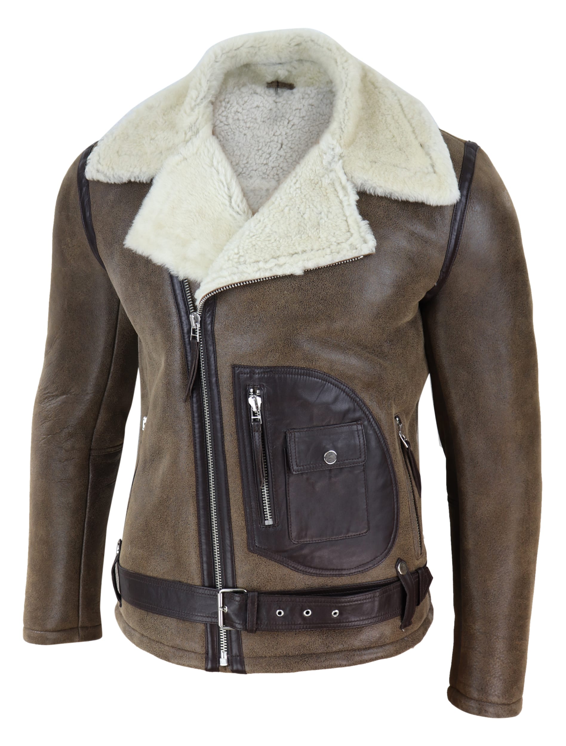 Chaqueta vintage de piel de oveja marrón para hombre