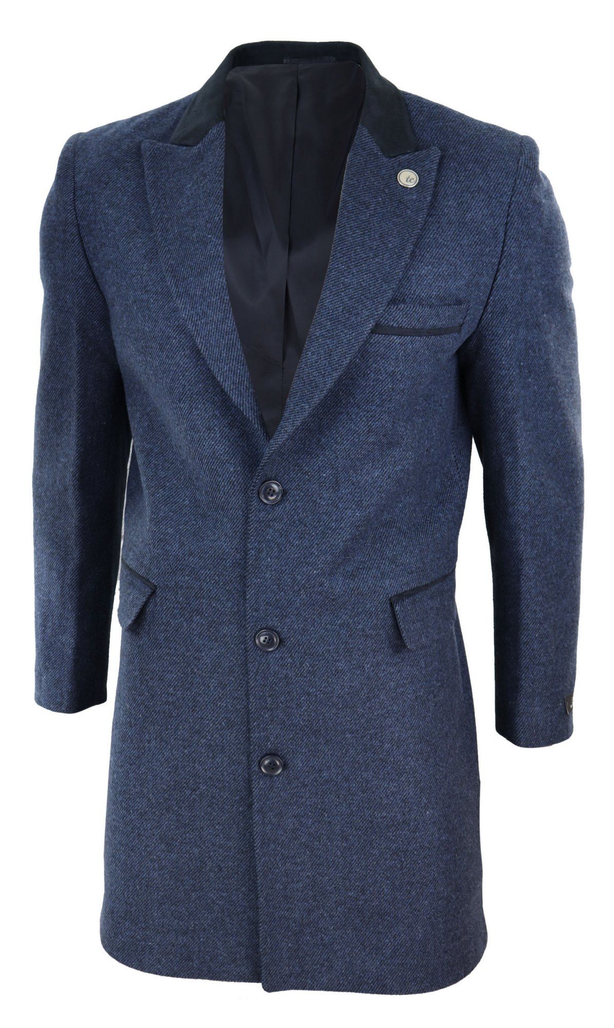 Abrigo largo de 3/4 de largo de tweed con diseño de espiga - Azul marino