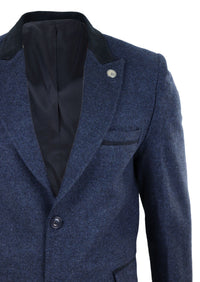 Abrigo largo de 3/4 de largo de tweed con diseño de espiga - Azul marino