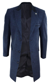 Abrigo largo de 3/4 de largo de tweed con diseño de espiga - Azul marino