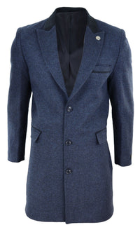 Abrigo largo de 3/4 de largo de tweed con diseño de espiga - Azul marino