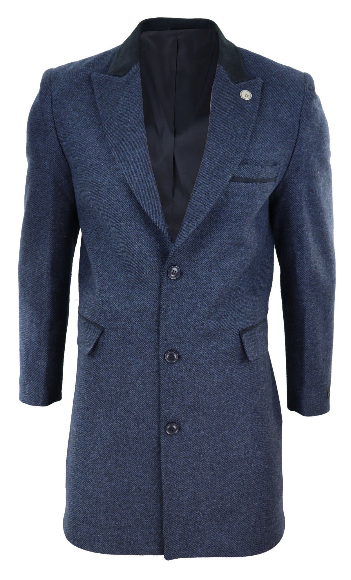 Abrigo largo de 3/4 de largo de tweed con diseño de espiga - Azul marino