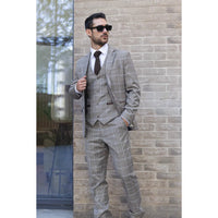 Hode - Traje de tres piezas para hombre, de corte entallado, a cuadros marrones.