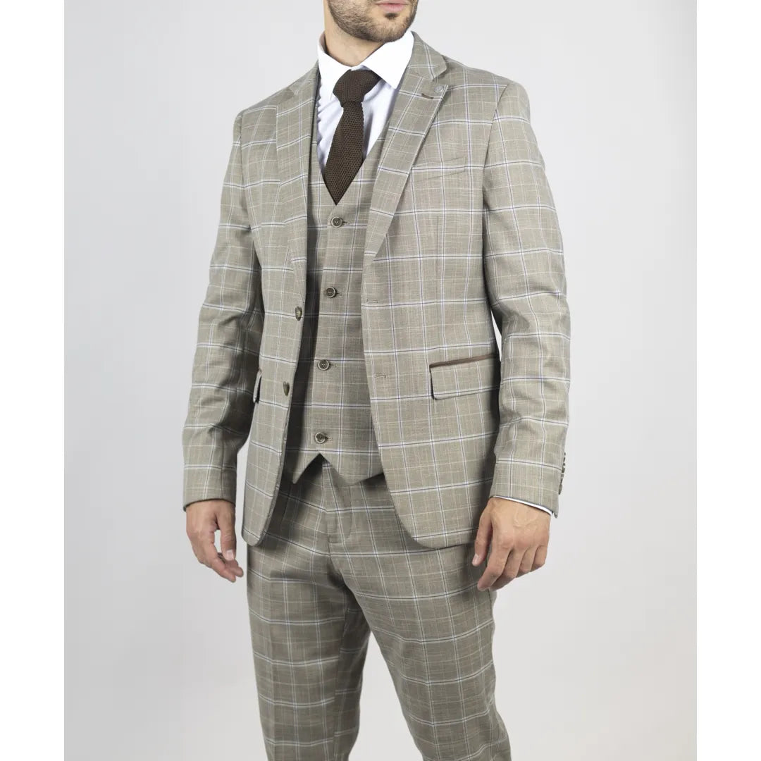 Hode - Traje de tres piezas para hombre, de corte entallado, a cuadros marrones.