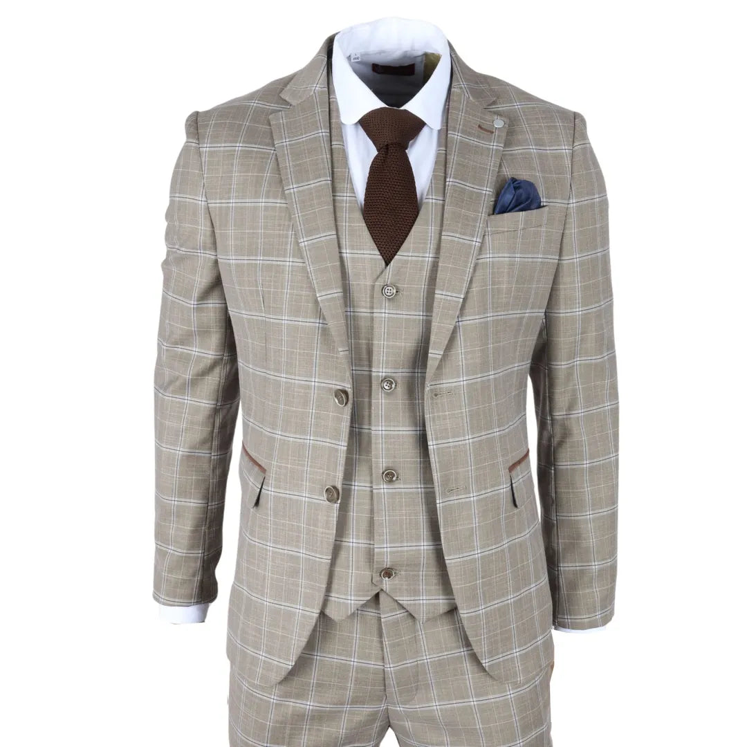 Hode - Traje de tres piezas para hombre, de corte entallado, a cuadros marrones.