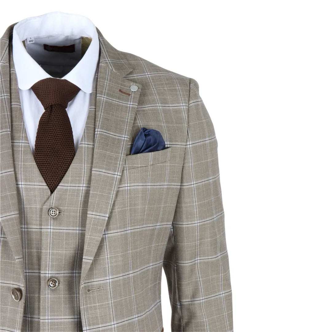 Hode - Traje de tres piezas para hombre, de corte entallado, a cuadros marrones.