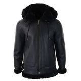 Chaqueta de aviador/piloto negra de piel de oveja con capucha para hombre.