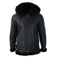 Chaqueta de aviador/piloto negra de piel de oveja con capucha para hombre.