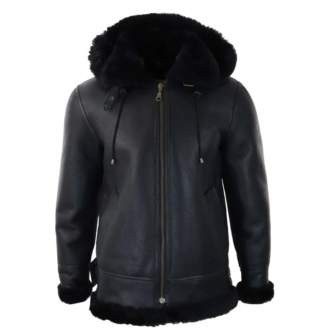 Chaqueta de aviador/piloto negra de piel de oveja con capucha para hombre.