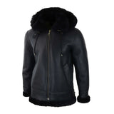 Chaqueta de aviador/piloto negra de piel de oveja con capucha para hombre.