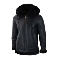 Chaqueta de aviador/piloto negra de piel de oveja con capucha para hombre.