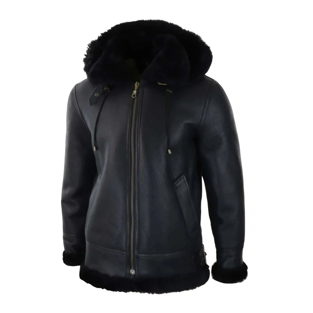 Chaqueta de aviador/piloto negra de piel de oveja con capucha para hombre.