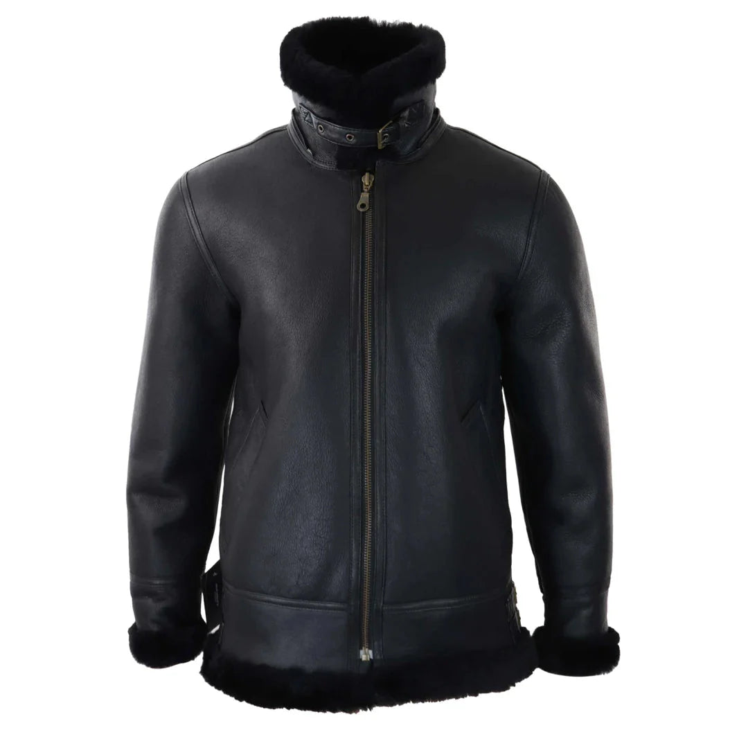Chaqueta de aviador/piloto negra de piel de oveja con capucha para hombre.