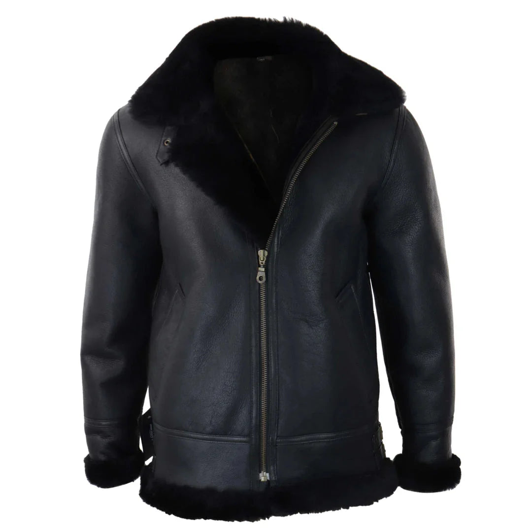 Chaqueta de aviador/piloto negra de piel de oveja con capucha para hombre.
