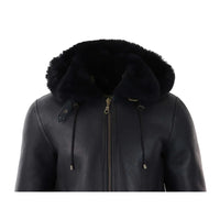 Chaqueta de aviador/piloto negra de piel de oveja con capucha para hombre.