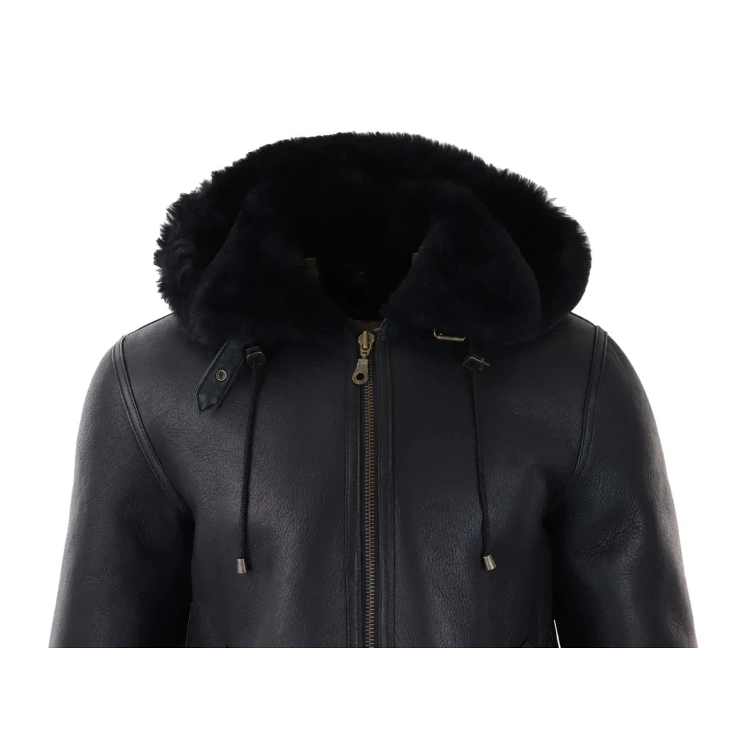 Chaqueta de aviador/piloto negra de piel de oveja con capucha para hombre.