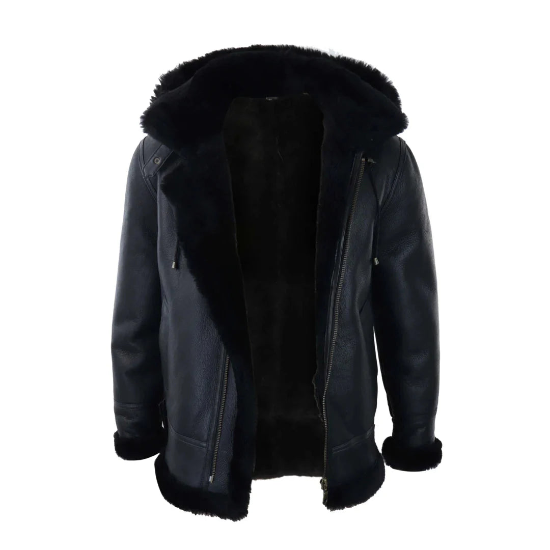 Chaqueta de aviador/piloto negra de piel de oveja con capucha para hombre.