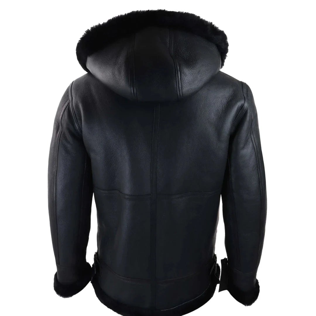 Chaqueta de aviador/piloto negra de piel de oveja con capucha para hombre.