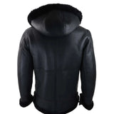 Chaqueta de aviador/piloto negra de piel de oveja con capucha para hombre.