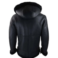 Chaqueta de aviador/piloto negra de piel de oveja con capucha para hombre.