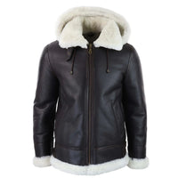 Chaqueta de aviador/piloto de piel de oveja con capucha para hombre, estilo sherling.