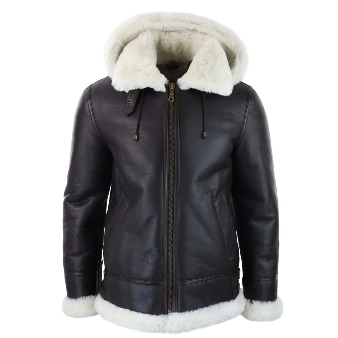 Chaqueta de aviador/piloto de piel de oveja con capucha para hombre, estilo sherling.