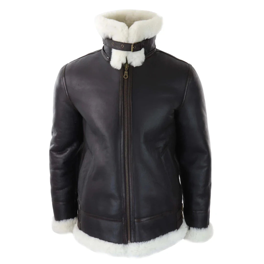 Chaqueta de aviador/piloto de piel de oveja con capucha para hombre, estilo sherling.