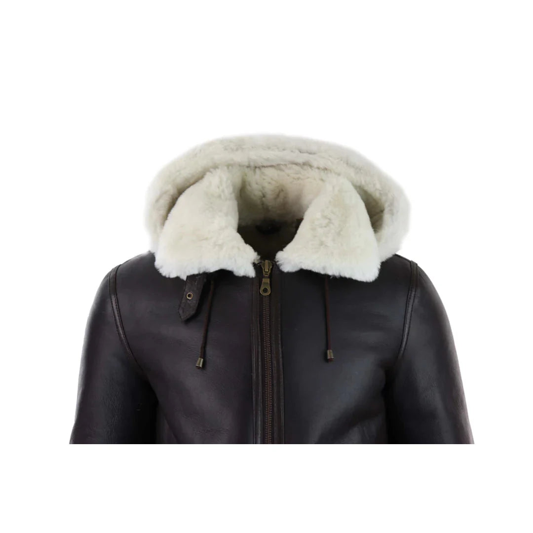 Chaqueta de aviador/piloto de piel de oveja con capucha para hombre, estilo sherling.