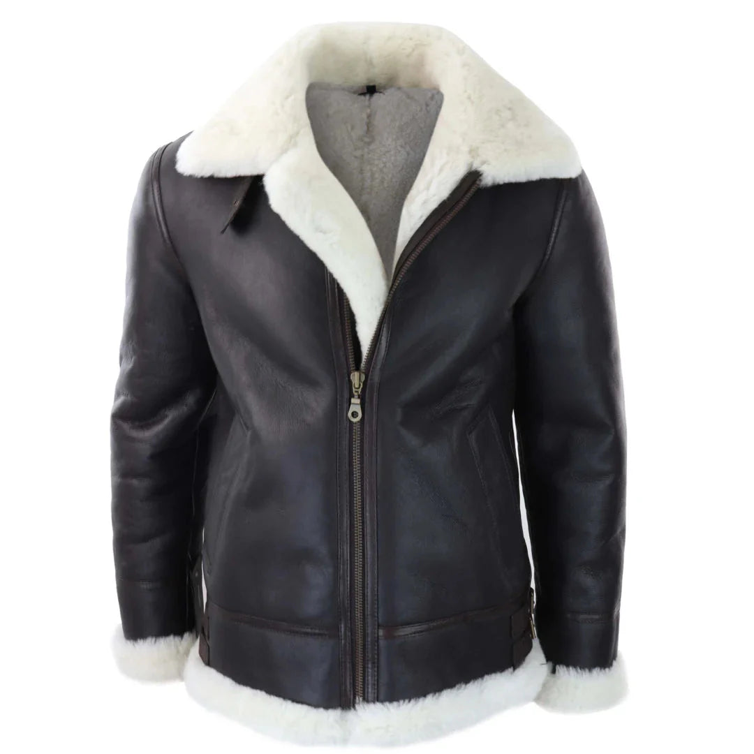 Chaqueta de aviador/piloto de piel de oveja con capucha para hombre, estilo sherling.