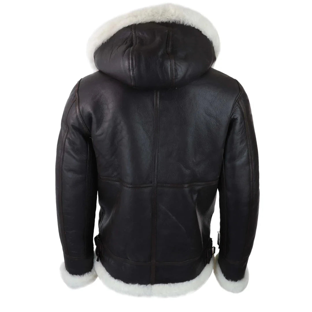 Chaqueta de aviador/piloto de piel de oveja con capucha para hombre, estilo sherling.