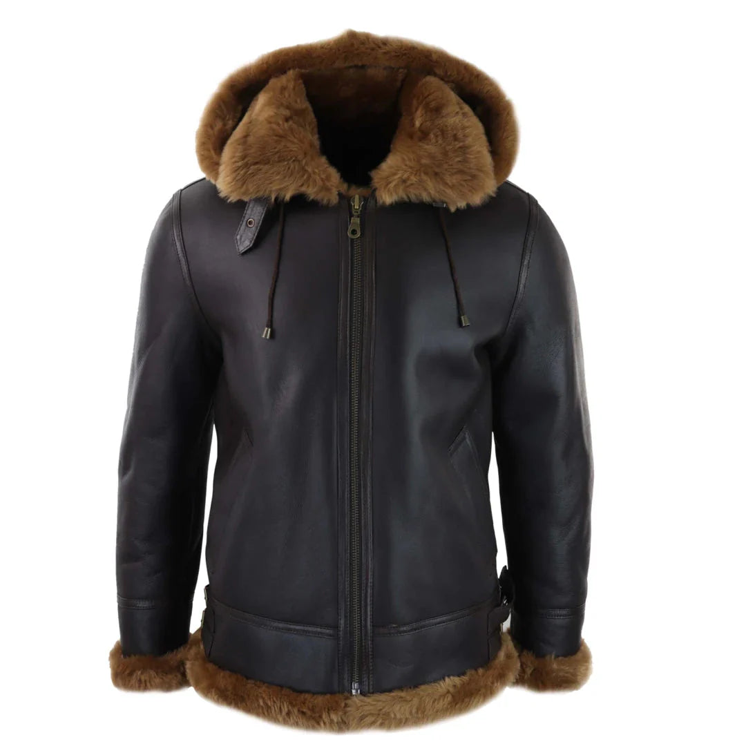Chaqueta de aviador/piloto de cuero marrón con capucha de borrego y piel de oveja para hombre.