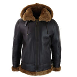 Chaqueta de aviador/piloto de cuero marrón con capucha de borrego y piel de oveja para hombre.
