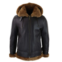 Chaqueta de aviador/piloto de cuero marrón con capucha de borrego y piel de oveja para hombre.