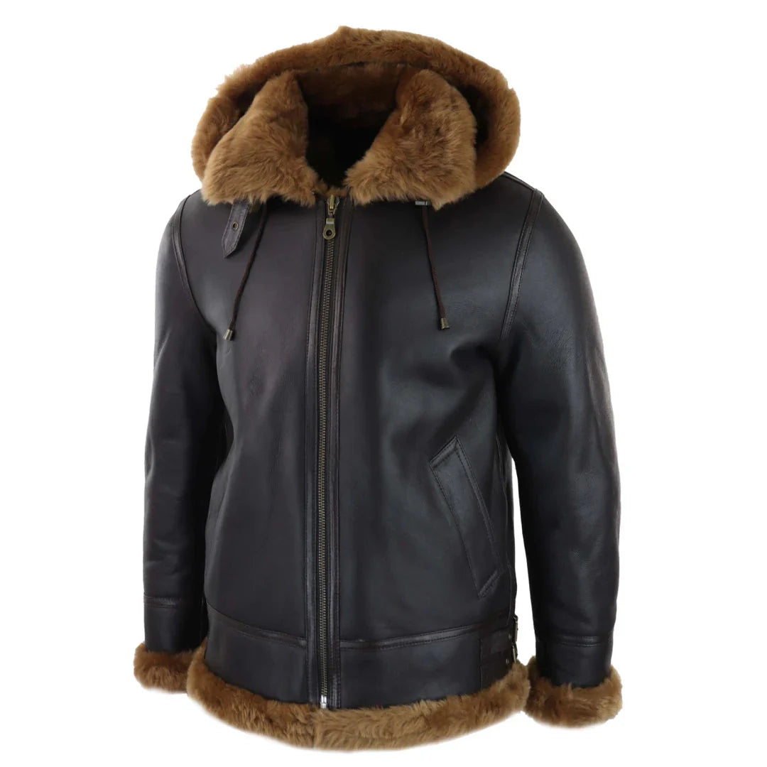 Chaqueta de aviador/piloto de cuero marrón con capucha de borrego y piel de oveja para hombre.