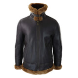 Chaqueta de aviador/piloto de cuero marrón con capucha de borrego y piel de oveja para hombre.