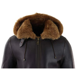 Chaqueta de aviador/piloto de cuero marrón con capucha de borrego y piel de oveja para hombre.