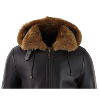 Chaqueta de aviador/piloto de cuero marrón con capucha de borrego y piel de oveja para hombre.