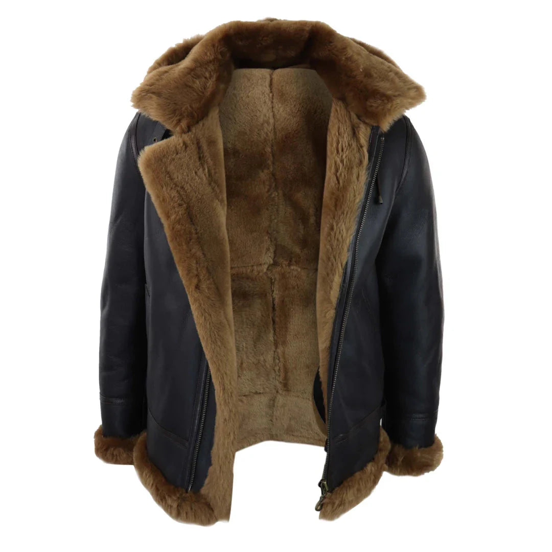 Chaqueta de aviador/piloto de cuero marrón con capucha de borrego y piel de oveja para hombre.