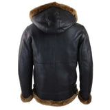 Chaqueta de aviador/piloto de cuero marrón con capucha de borrego y piel de oveja para hombre.