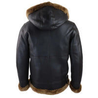 Chaqueta de aviador/piloto de cuero marrón con capucha de borrego y piel de oveja para hombre.