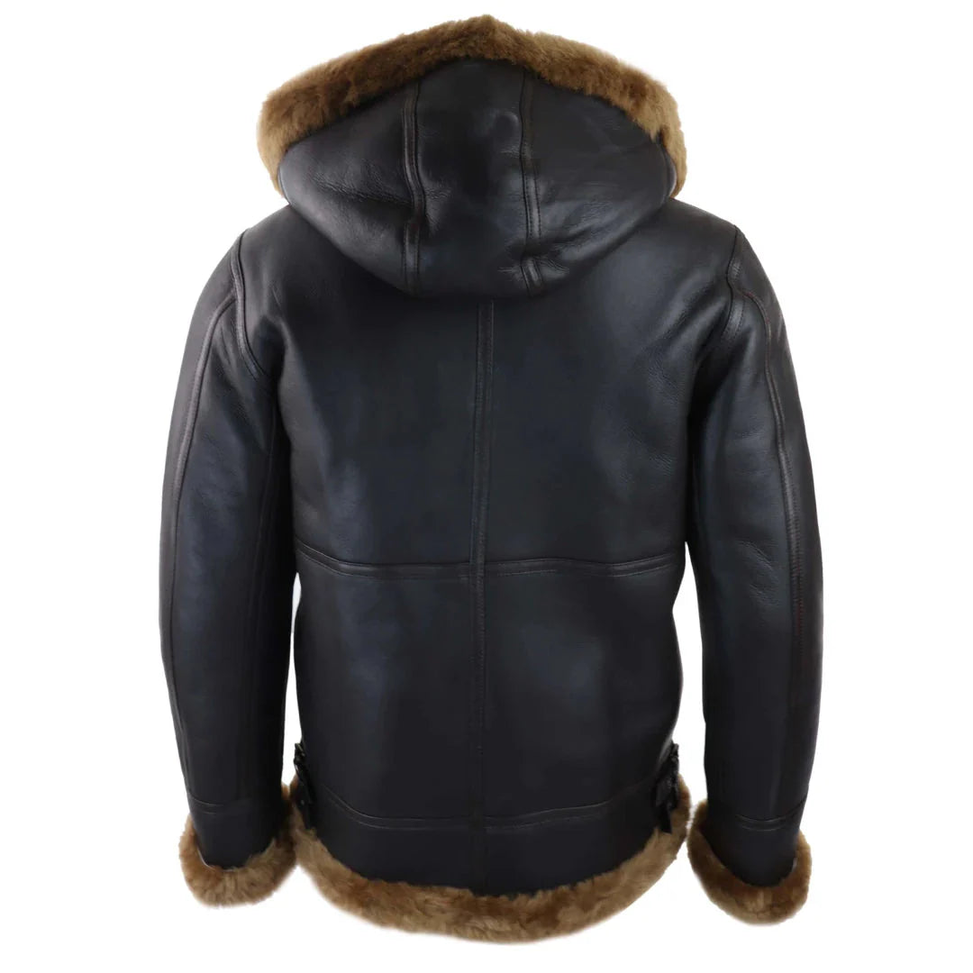 Chaqueta de aviador/piloto de cuero marrón con capucha de borrego y piel de oveja para hombre.