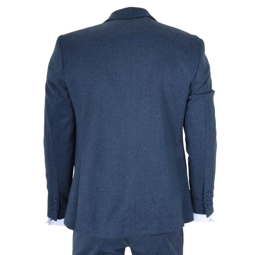 IM40 - Traje de tres piezas de tweed con estampado de espiga azul marino para hombre