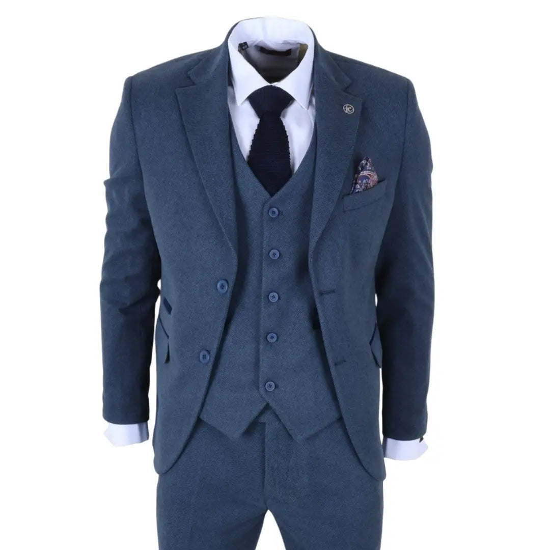 IM40 - Traje de tres piezas de tweed con estampado de espiga azul marino para hombre
