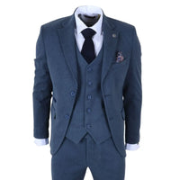 IM40 - Traje de tres piezas de tweed con estampado de espiga azul marino para hombre